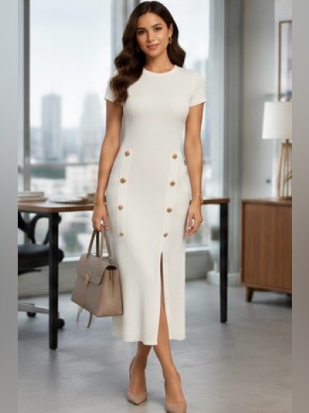 White Short-Sleeve Button-Detail Midi Dress - Small - NWT